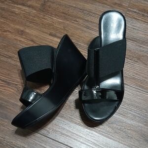 Italian Shoemakers Black Wedge Platform Sandal Slide Heels